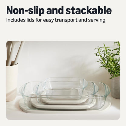 Glass Baking Dishes with Bpa-Free Lids, 6-Piece Bakeware Set, Borosilicate Glass, Oven-Safe up to 752°F, Non-Slip and Stackable, Dishwasher-Safe, Linen Gray6