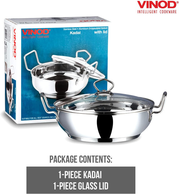 Stainless Steel Kadhai with Tempered Glass Lid, 20Cm, Premium Quality | 2 Litre Induction-Friendly Multi-Use Pot for Sauces, Deep Frying and Stews; Indian Cooking Essential5