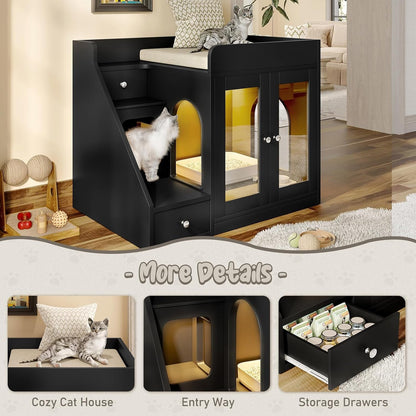 Cat Litter Box Enclosure with Light, Hidden Litter Box Furniture with 2 Storage Drawers & Smart Doors, Cat House Side Table for Living Room Entryway (Black)4