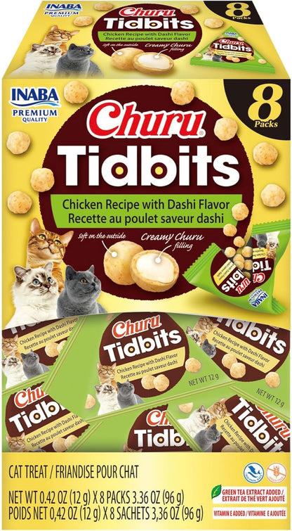 INABA Churu Tidbits Chewy Cat Treats, Tuna Salmon, 8Ct | Immune Support, Antioxidant Support, 70% Moisture, Training Treat, Dual Texture, 8 X 0.42 Oz Packs7