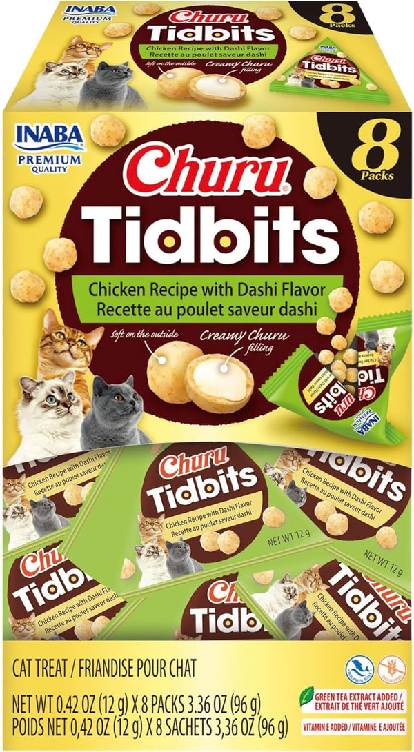 INABA Churu Tidbits Chewy Cat Treats, Tuna Salmon, 8Ct | Immune Support, Antioxidant Support, 70% Moisture, Training Treat, Dual Texture, 8 X 0.42 Oz Packs7