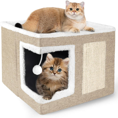 Loyareal Cat Houses for Indoor Cats - Large Cat Bed Cave with Scratch Pad and Fluffy Ball, Foldable Cat Condo Hideaway with Reversible Cushion for Multi Small Pet, Dark Grey8