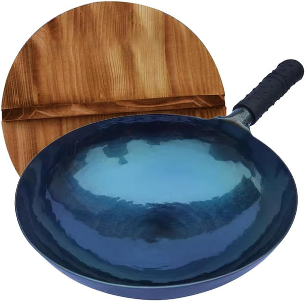 Blue Pre-Seasoned Cast Iron Wok with Lid, Nonstick 14 Inch | Large round Bottom Chinese Cookware, Works for Open Fire, Cooking, BBQ, Camping 36Cm1