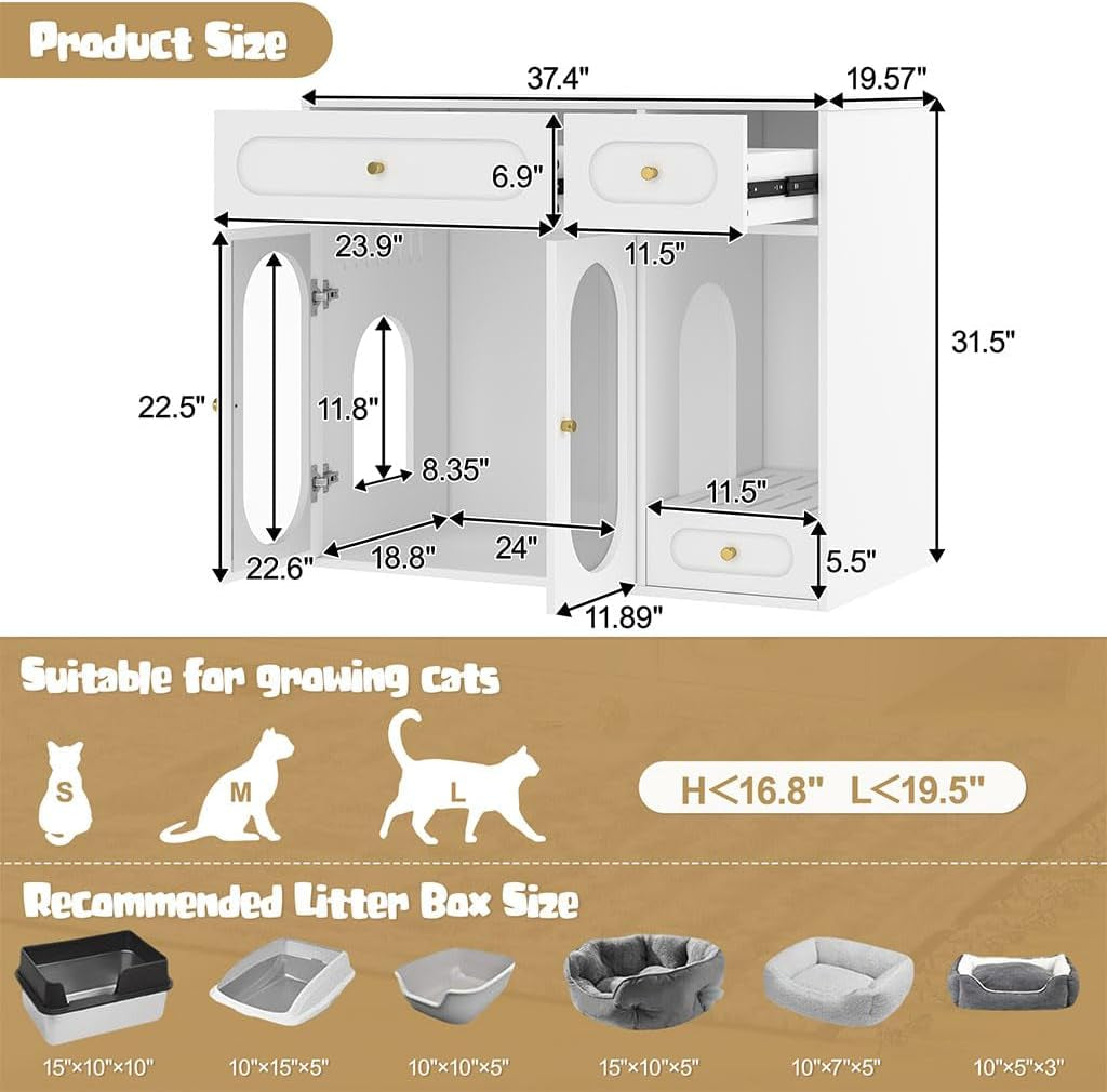hidden-cat-litter-box-enclosure-furniture-with-led-light-modern-litter-box-cabinet-with-drawers-acrylic-door-multi-entry-cat-house-sideboard-for-living-room-37-4w-x-15-6d-x-31-5h-white