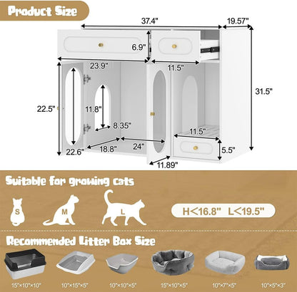 Hidden Cat Litter Box Enclosure Furniture with LED Light, Modern Litter Box Cabinet with Drawers & Acrylic Door, Multi-Entry Cat House Sideboard for Living Room, 37.4"W X 15.6"D X 31.5"H,White2