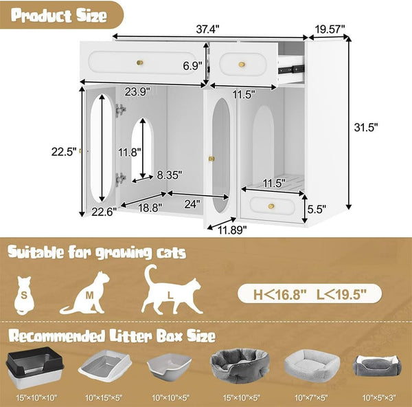 Hidden Cat Litter Box Enclosure Furniture with LED Light, Modern Litter Box Cabinet with Drawers & Acrylic Door, Multi-Entry Cat House Sideboard for Living Room, 37.4"W X 15.6"D X 31.5"H,White2