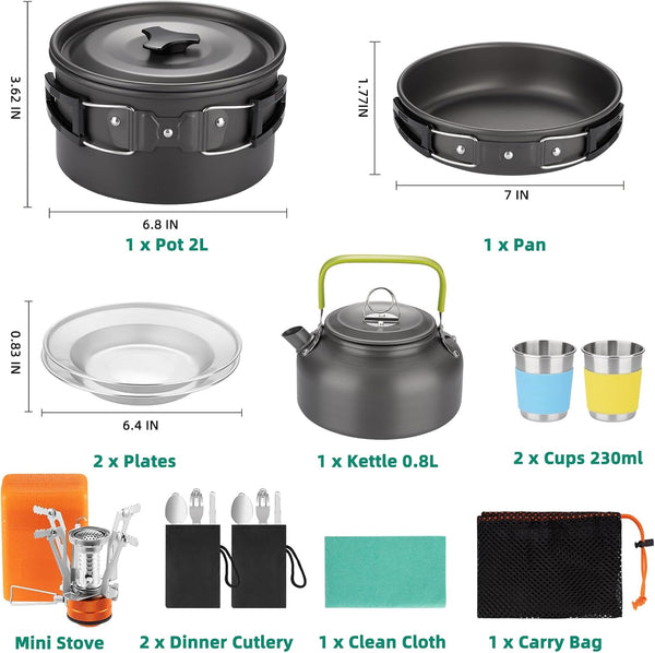 18Pcs Camping Cookware Kit, Nonstick Pots Pans and Kettle Set | Nonstick Camping Cookware Set with Kettle, Cups, Plates, and Utensils for Backpacking, Hiking, and Camping6