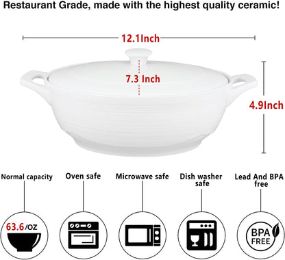 9" X 6.5" Oval Casserole Dish with Lids,1.9 Quart French White Ceramic Serving Soup Tureens, Baking Dish with Handle 12.1 IN, for Casseroles, Lasagna Cookware Set, Microwave, Oven Safe2
