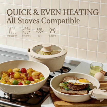 Ceramic Cookware Set Non Stick 8Pcs Pots and Pans Set Detachable Handle Induction Kitchen Cooking Set with Frying Pans Oven Dishwasher Safe, PFAS/PFOA Free, Cream White5