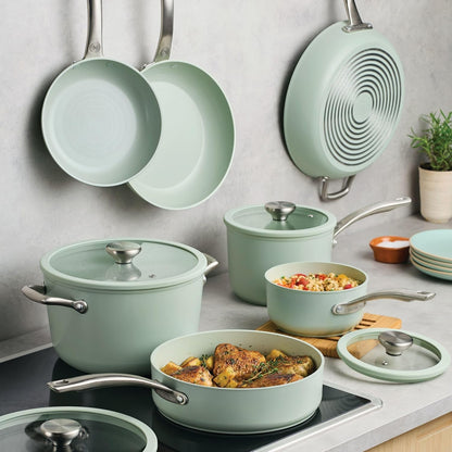 Halo Ceramic Nonstick Cookware Set, 11-Piece Pots and Pans Set | Laserdefense Durability Technology for Long Lasting Non Stick Performance, Everyday Cooking, in Sage13