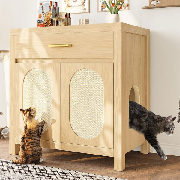 Cat Litter Box Enclosure Furniture, Hidden Litter Box Cabinet Cat House Side Table with Drawer & Sisal Scratch Pads, Wooden Pet Furniture for Living Room, Bedroom,Brown8