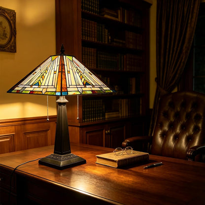 Tiffany Table Lamp 16" Wide Handmade Stained Glass Lamp Shade 2 Light Mission Style Vintage Table Lamp for Living Room Bedroom | Handcrafts Antique Nightstand Bedside Reading Lamp for Living Room Bedroom Office 2-Lights W16" X H23"4