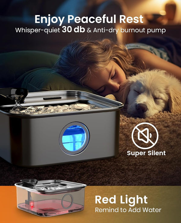 Oneisall 10L/2.6Gal Dog Water Fountain for Large Dogs (With 1 Filter) | Deeper & Wider Drinking Area, Visualization Window & Triple Filtration,304 Stainless Steel Dog Water Bowl Dispenser5