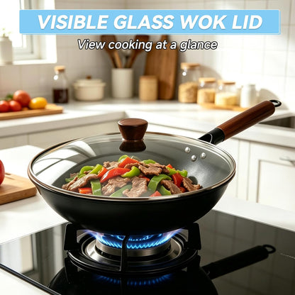 12-Inch/13-Inch Carbon Steel Wok Pan with Glass Lid Pre-Seasoned Flat Bottom Woks & Stir-Fry Pans Nonstick Compatible with Induction, Gas, Electric, Open Fire for Grill Camping6