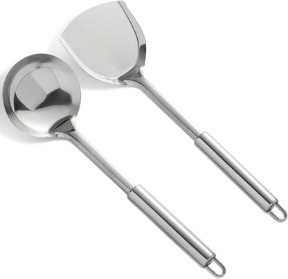 Cooking Utensils Set 2PCS 304 Stainless Steel Spatula and Large Cooking Spoon, Heavy Duty Metal Soup Ladle Long Handle Wok Spatula1