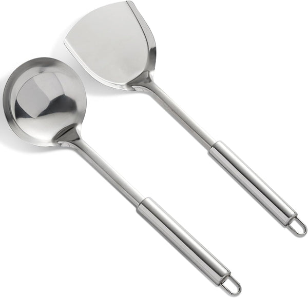 Cooking Utensils Set 2PCS 304 Stainless Steel Spatula and Large Cooking Spoon, Heavy Duty Metal Soup Ladle Long Handle Wok Spatula1