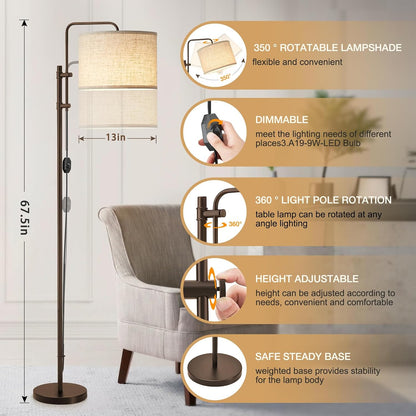 Dimmable Floor Lamp for Living Room, Adjustable Height Standing Lamp | 350° Rotate Beige Lampshade, 67.5-Inch Modern Tall Lamps for Corner Bedroom Home Office (Bulb Included)2