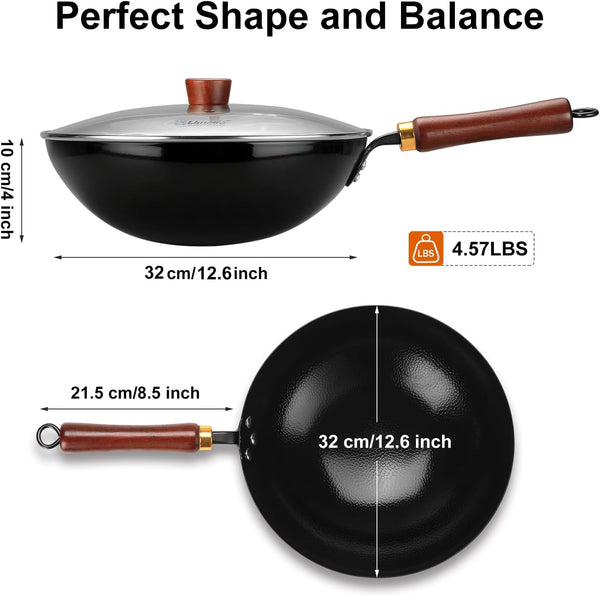 Carbon Steel Wok Pan, 12.6-Inch Nonstick Pre-Seasoned Woks & Stir-Fry Pans with Glass Lid, No Chemical Coated Wok round Bottom Hand Hammered Chinese Wok for Gas Stoves2