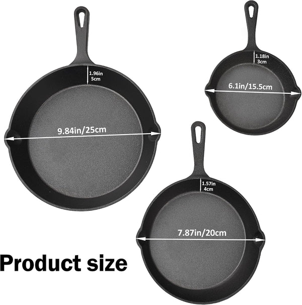 Cast Iron Skillet Pan Set of 3 – Pre-Seasoned Sartenes De Hierro Fundido – 6", 8", 10" Frying Pans for Stove, Oven, Grill – Heavy Duty Sartén Hierro Fundido Cookware Set3