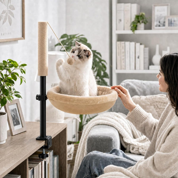 Cat Desk Bed with Scratching Post Clamp on 360 Rotating Camel | Adjustable Height, Reversible Machine Washable Cover, Alloy Steel Frame, Space Saving Perch, Supports Cats up to 45 Pounds4