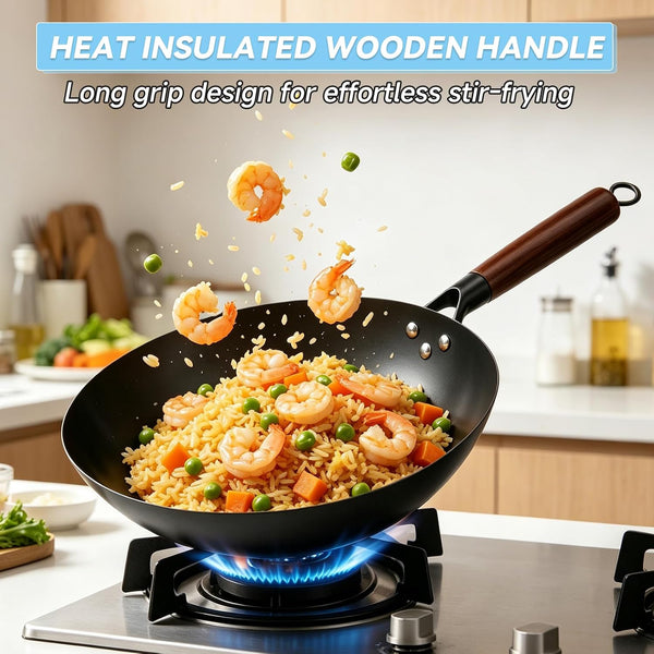 12-Inch/13-Inch Carbon Steel Wok Pan with Glass Lid Pre-Seasoned Flat Bottom Woks & Stir-Fry Pans Nonstick Compatible with Induction, Gas, Electric, Open Fire for Grill Camping4