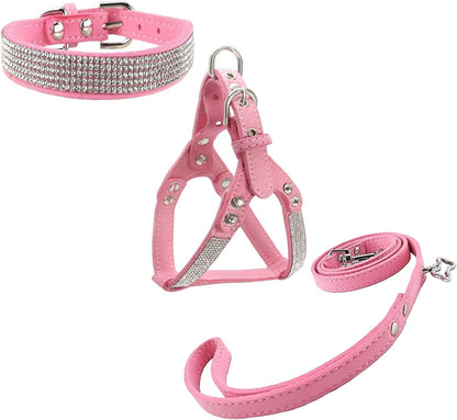 Dog Collar & Harness & Lead Sets Fashion Dog Collar Diamante with Harness & Leashes Comfortable Soft Collar Harness and Leashes Set for Dog - Pink - XS1