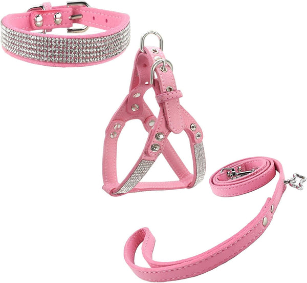 Dog Collar & Harness & Lead Sets Fashion Dog Collar Diamante with Harness & Leashes Comfortable Soft Collar Harness and Leashes Set for Dog - Pink - XS1