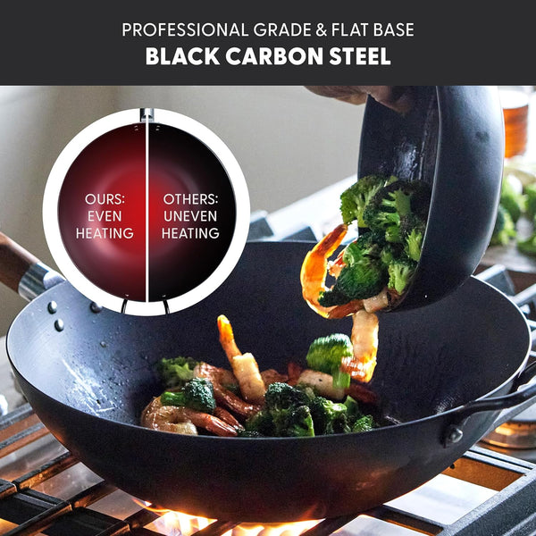 Carbon Steel Wok 14”, Flat Bottom, Durable Stir-Fry Pan, Pre-Seasoned Ready to Use, High Heat Retention, Induction, Ash Wood Handle, Kyoto, Black6