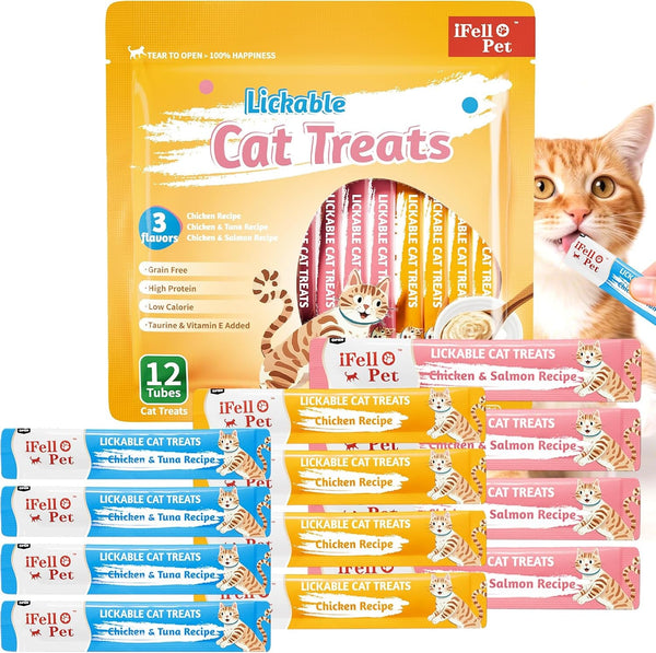 Cat Treats, High Meat High Moisture Lickable Cat Treats, Variety Pack Real Chicken & Seafood Silky Creamy Purée - Grain Free (15G Each | 12 Tubes)1