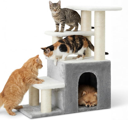 Heybly Cat Scratching Post, Pet Steps for Indoor Cats and Dogs, HSP002SWWH | Small Cat Tree with Cat Condo, Pet Stairs with Full Wrapped Sisal Posts & Soft Plush Fabric, Light Gray & White2