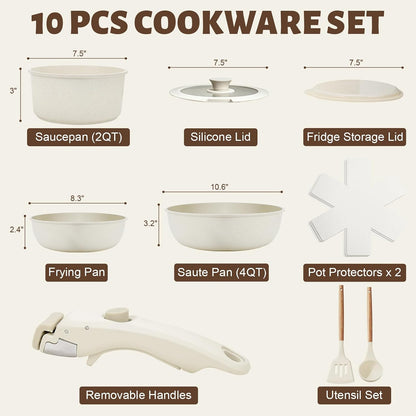 10 Pcs Pots and Pan Set Non Stick with Detachable Handle, White | Non Stick, Detachable, Stackable, Dishwasher ＆ Oven Safe7