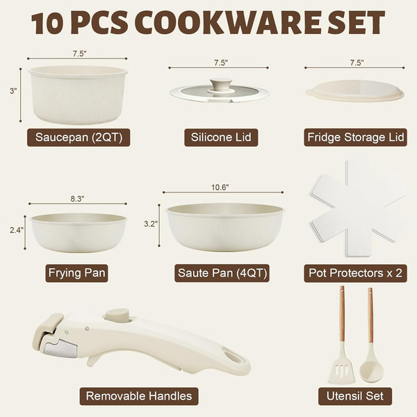 10 Pcs Pots and Pan Set Non Stick with Detachable Handle, White | Non Stick, Detachable, Stackable, Dishwasher ＆ Oven Safe7