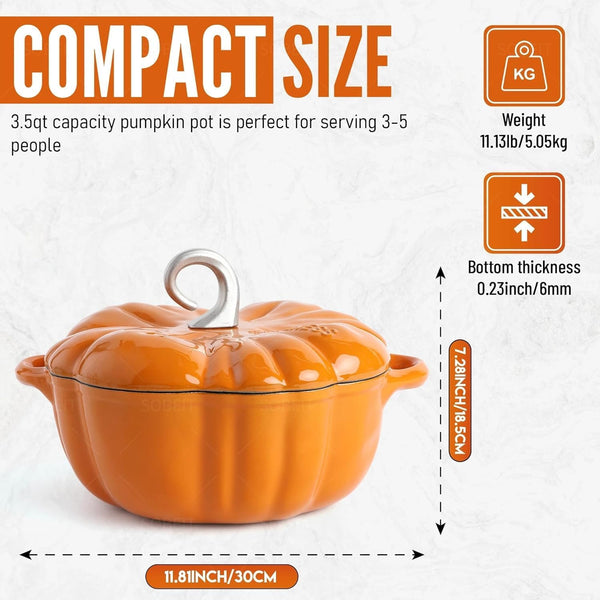 Pumpkin Dutch Oven Pot with Lid, Non-Stick Enamel Cast Iron Dutch Oven, 3.5QT Pumpkin Cocotte with Cast Iron Knob, Serves 3-5 (Orange)6