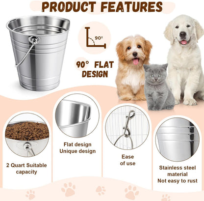 Mumufy 4 Set 2 Quart Stainless Steel Flat Side Bucket Durable Water Pails with Double Ended Snaps Small Metal Bucket Flat Back Water Pails for Dogs Cats Kennels Cages Fences Pet Container3