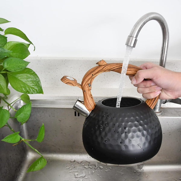 Whistling Tea Kettle for Stove Top, 3.2QT/3L Stainless Steel Tea Kettle | Black Tea Pot with Wood Pattern Handle, Unique Button Control Kettle Outlet, for Boiling Water Coffee or Milk6