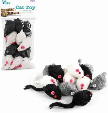Penn-Plax Play Fur Mice Cat Toys, 12 Pack - Soft Polyester with Rattling Sound for Interactive Play, Exercise & Hunting - Lightweight Cat Toy Set for All Ages & Breeds - Black, White & Gray - 2 Inches1