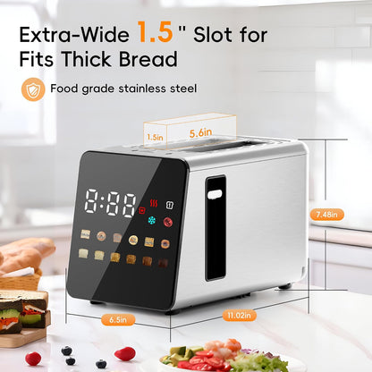 Smart Touchscreen 2 Slice Toaster, Wide Slot, Memory & Single-Slot | Digital Timer, Extra Wide Slot for Bagels, 6 Shade Levels & 6 Bread Settings, Reheat, Defrost, Favorite,Platinum5