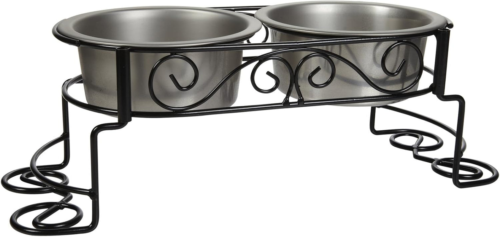 spot-mediterranean-double-diner-elevated-dog-bowls-raised-feeder-with-stainless-steel-bowls-1-pint-capacity-per-bowl-2-cups-total-promotes-better-digestion-decorative-metal-stand-black