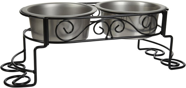 SPOT Mediterranean Double Diner Elevated Dog Bowls – Raised Feeder with Stainless Steel Bowls – 1 Pint Capacity per Bowl (2 Cups Total) – Promotes Better Digestion – Decorative Metal Stand, Black1