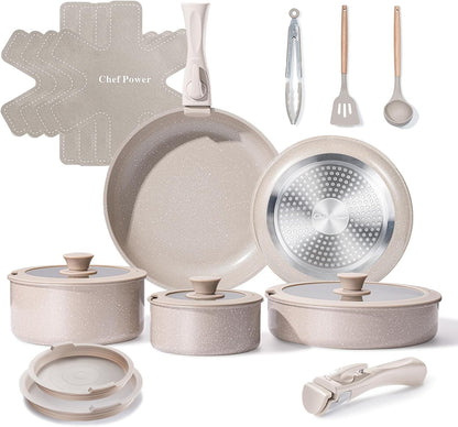 Ceramic Nonstick Pots and Pans Set 19 Piece with Detachable Handle, Induction Dishwasher Oven Safe Cookware Set, RV Kitchen Set Removable Handle, Mocca Taupe1