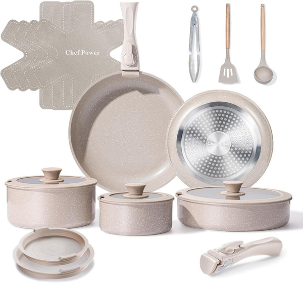 Ceramic Nonstick Pots and Pans Set 19 Piece with Detachable Handle, Induction Dishwasher Oven Safe Cookware Set, RV Kitchen Set Removable Handle, Mocca Taupe1