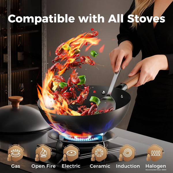 12 Inch Carbon Steel Wok Pan, 4QT Woks & Stir-Fry Pans Nonstick with Lid, No Seasoning Required & 0 Coating, Compatible with All Cooktops & Utensils for Stir Fry, Pan-Fry, Steam, Camping3