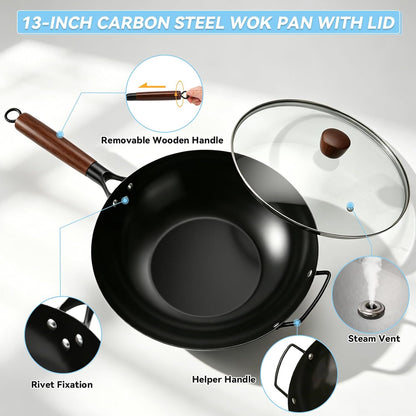 13-Inch Carbon Steel Wok Pan with Glass Lid Pre-Seasoned Flat Bottom Woks & Stir-Fry Pans Nonstick with Wooden and Steel Helper Handle Compatible with Induction, Gas, Electric, Open Fire7