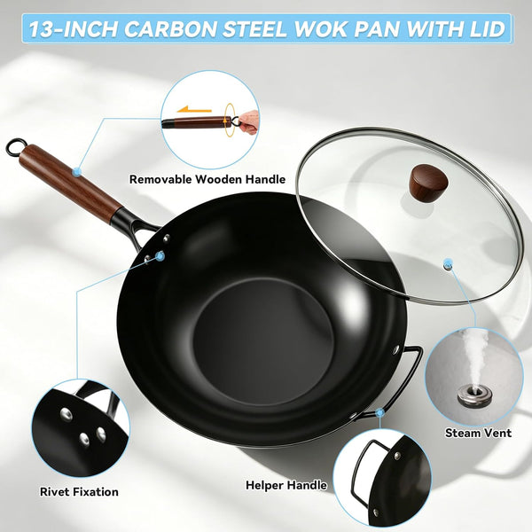 13-Inch Carbon Steel Wok Pan with Glass Lid Pre-Seasoned Flat Bottom Woks & Stir-Fry Pans Nonstick with Wooden and Steel Helper Handle Compatible with Induction, Gas, Electric, Open Fire7