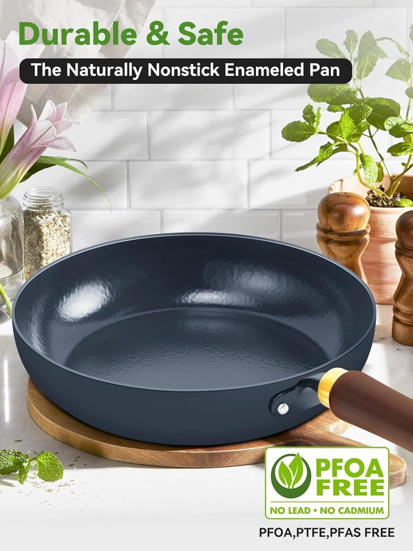 11" Enameled Carbon Steel Skillet, Nonstick Frying Pan | Stay-Cool Wooden Handle, Season-Free Stir-Fry Pan, Non-Toxic PTFE & PFOA Free, Oven-Safe & All Stovetops Compatible3