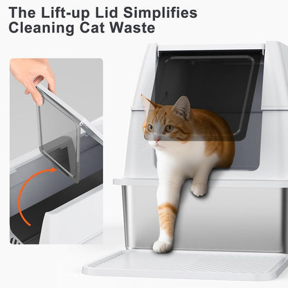 XL Extra Large Stainless Steel Litter Box with Lid, Metal Cat Litter Boxes for Big Cats Enclosed, Metal Litter Box with Litter Scoop Set, Non-Sticky, Anti-Urine Leakage, 24"*16"*18", Silver Gary3