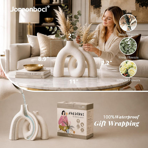 Hug Donut Decorative Vase Set - Modern Nordic Boho Style Vases Home Decor, Matte Ceramic Decorations for Living Room Shelf, Bookshelf Mantle Entryway Table or Console Décor (Cream White)4