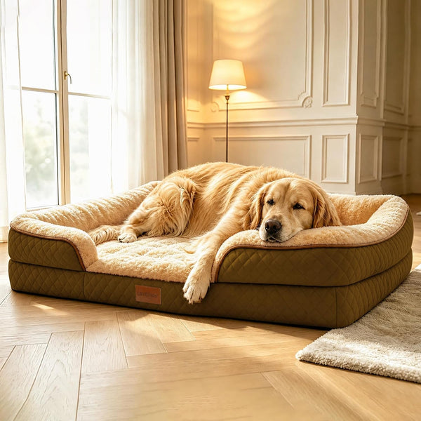 Large Dog Sofa Bed with Reusable Potty Pad - 44.5" X 33.5" X 6.7" Beige Dog Sofa with Soft Plush Surface, Raised Bolsters, Removable Bolster, and Non-Slip Bottom for Large Dogs - Xlarge9