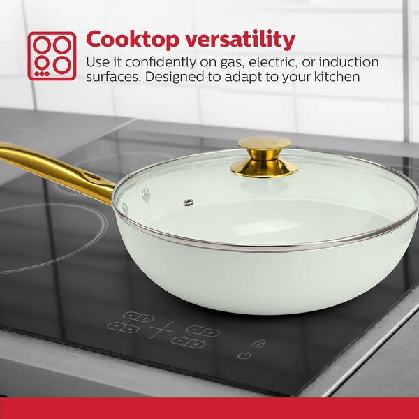 12-Inch White Ceramic Nonstick Wok with Lid - Gold Color and Stainless-Steel Handle, Versatile Gas and Electric Stovetop Compatibility, Golden Elegance6