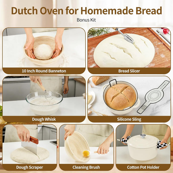 Enameled Cast Iron Dutch Oven Pot 6.5 QT with Lid for Bread Baking | Cookware Incl. Sourdough Bread-Baking Supplies like Banneton, Dough Whisk, Gloves, Oven Safe for Stews, Roasting, Cream White4
